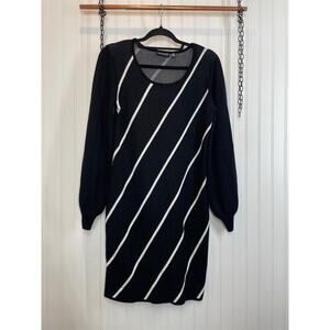 Nina Leonard Balloon Sleeve Scoop Neck Dress Black & White Striped Size M